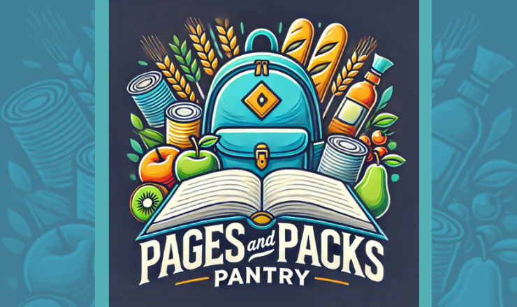 Pages and Packs Pantry graphic depicting an open book with a backpack surrounded by fruits, vegetables, and other food