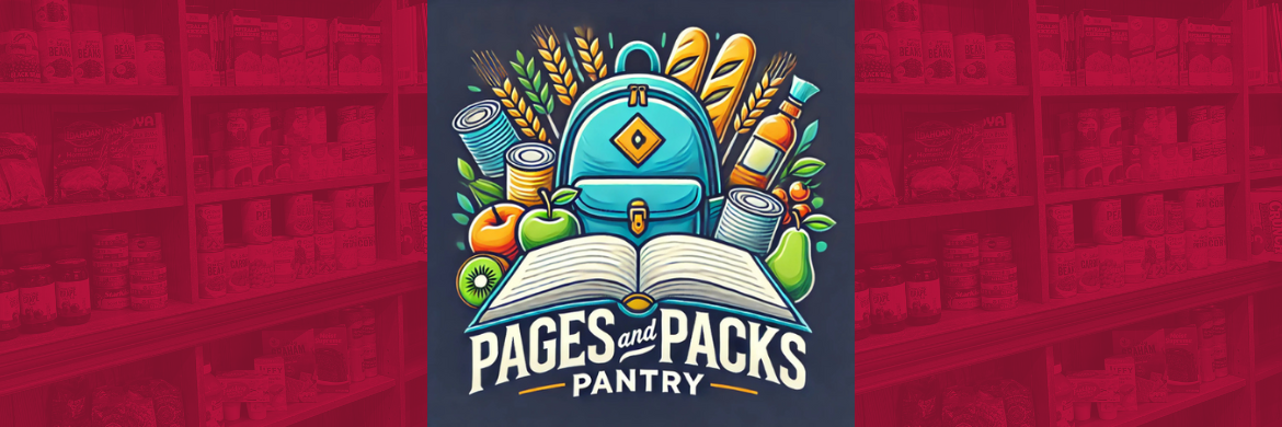 Colorful illustration featuring a backpack and an open book with canned goods, fruits, and vegetables. Text reads "Pages and Packs Pantry." Background shows shelves.