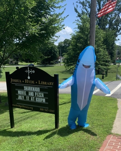 shark in front of library sign