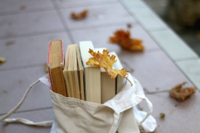 A tote bag with books and a dry maple leaf rests on a tiled outdoor surface, surrounded by scattered autumn leaves, evoking a calm, autumnal atmosphere.