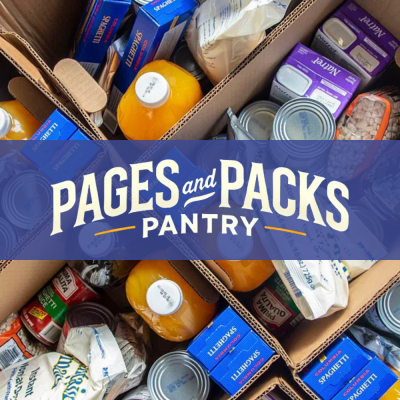 Boxes filled with canned goods, pasta, and orange juice are labeled "Pages and Packs Pantry" in bold text, conveying a theme of community assistance.