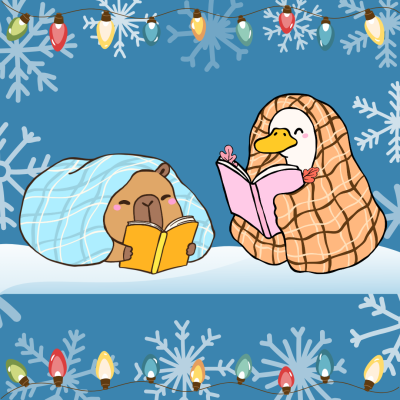 Cute cartoon of a capybara and duck, cozy under blankets, reading books. Snowflakes and colorful lights decorate the blue background.