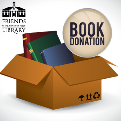 Box of books with a text bubble reading "Book Donation" on the right and the Friends of the Joshua Hyde Public Library logo to the left.