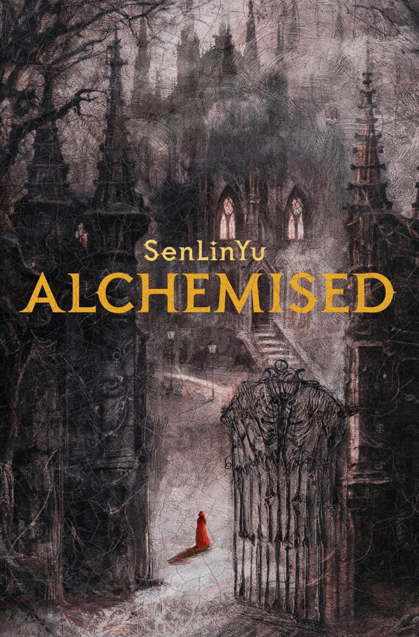 A mysterious, dark castle looms with twisted trees. A figure in red stands near an open iron gate. The mood is eerie and suspenseful. Text reads "SenLinYu Alchemised".