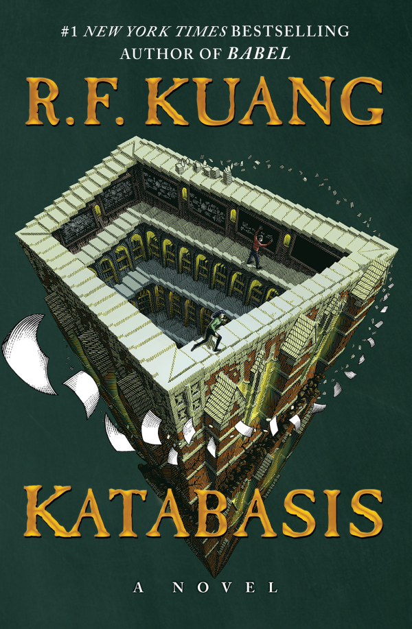 The book cover of "Katabasis" by R.F. Kuang features an intricate, three-dimensional maze-like structure suspended above a green background. The perspective is tilted, adding depth. Figures inside suggest exploration and mystery, with a sense of descent. The title is boldly displayed in amber lettering.