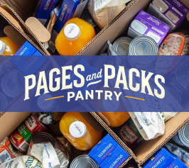 Boxes filled with canned goods, pasta, and orange juice are labeled "Pages and Packs Pantry" in bold text, conveying a theme of community assistance.