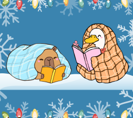 Cute cartoon of a capybara and duck, cozy under blankets, reading books. Snowflakes and colorful lights decorate the blue background.