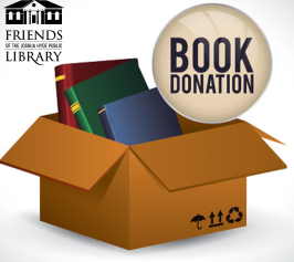 Box of books with a text bubble reading "Book Donation" on the right and the Friends of the Joshua Hyde Public Library logo to the left.
