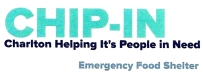 Alt text: "Logo for CHIP-IN, Charlton Helping Its People in Need. Large aqua letters spell CHIP-IN, with a tagline about an Emergency Food Shelter beneath."