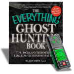 Book cover of "The Everything Ghost Hunting Book" by Melissa Martin Ellis, featuring dark, eerie imagery of an old building and an EMF meter device.
