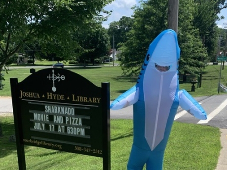 shark in front of library sign