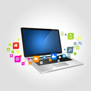 A laptop with colorful app icons floating around it, representing various digital and online services on a light gray background.