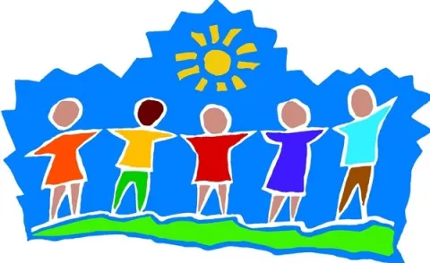 Cartoon illustration of six children holding hands under the sun, standing on grass with a blue sky background.