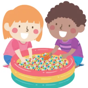 Clip art of two young children with their hands in a sensory bin.
