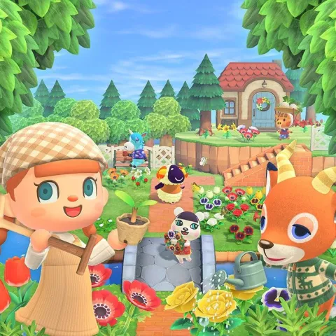 Animal Crossing: New Horizons screenshot featuring villagers interacting in a colorful island environment.