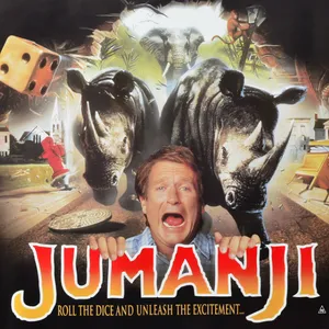 Movie poster for Jumanji featuring Robin Williams surrounded by dice and two elephants in a jungle setting.