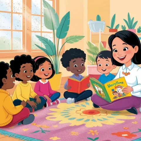 A librarian reads a storybook to a diverse group of five happy children sitting on a colorful rug in a bright room with potted plants and sunshine.