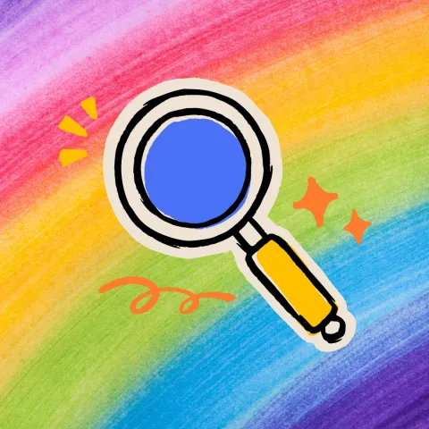 Illustration of a blue magnifying glass with a yellow handle on a bright rainbow background. Surrounding are orange stars, evoking a sense of discovery.