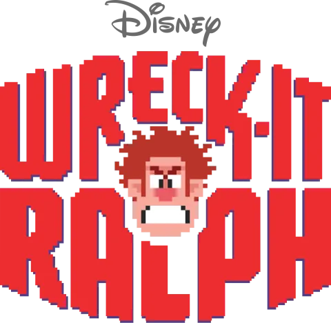 Red lettering that reads "Wreck It Ralph" with a pixelated face of a growling Ralph.
