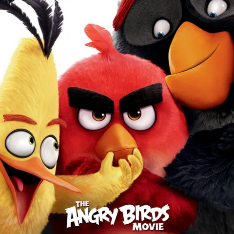 A yellow bird, a red bird, and a black bird behind the text "The Angry Birds Movie".