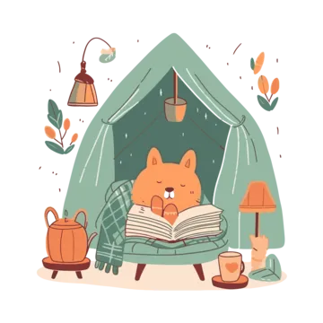 Inside a cozy tent, a cat is focused on reading a book, surrounded by a warm, inviting atmosphere.