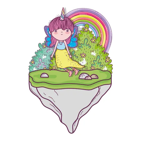 A fairy girl with pink hair, a unicorn horn, and blue wings sits on a floating island. There's greenery and a rainbow in the background, creating a whimsical scene.