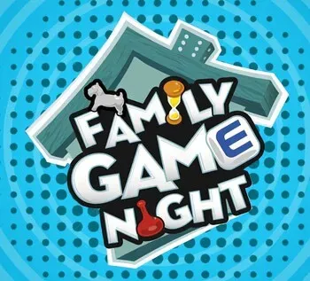 olorful 'Family Game Night' graphic with board game pieces, including a horse and pawns, set against a blue dotted background, conveying fun and excitement.