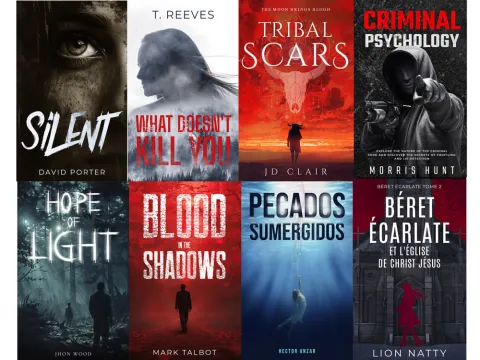 A grid of eight thriller and crime novel book covers, each featuring dark, moody imagery and bold titles, with a mix of English and Spanish text.
