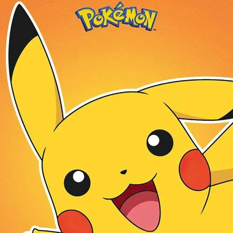 Pikachu smiles against an orange background with the Pokemon logo at the top.