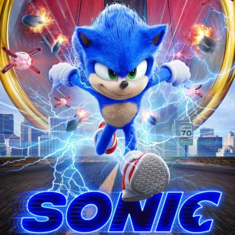 Movie poster for Sonic the Hedgehog featuring the character in action with vibrant colors and dynamic graphics.