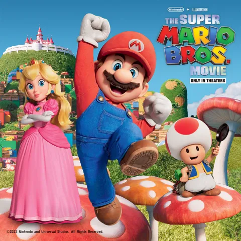  Movie poster for The Super Mario Bros, featuring Mario, Peach, and Toad in a colorful, action-packed design.