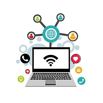 Laptop with a wifi symbol on screen, surrounded by social media icons and connected to a globe with user figures, symbolizing connectivity.