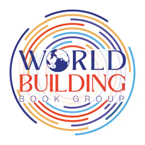 Logo for 'World Building Book Group' with bold blue and red text. A globe replaces the 'O' in 'World.' Concentric circles in blue, red, and orange surround the text.