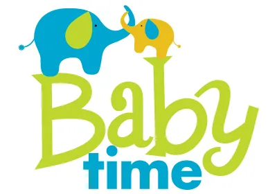 Two stylized elephants, one blue and one yellow, stand on green text that reads "Baby time" in playful, curved letters. Whimsical and cheerful design.
