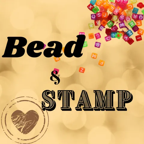 "Bead & Stamp" on a soft, beige bokeh background. Colorful letter beads are scattered at the top right, creating a playful, creative vibe.