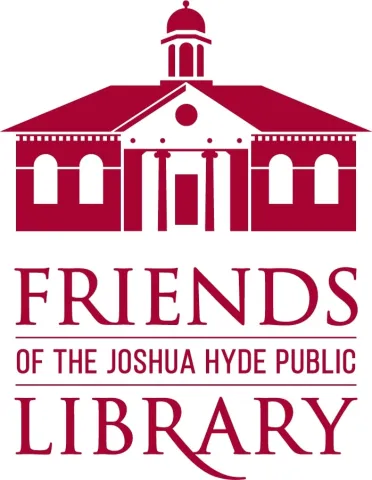 Red silhouette of a classical-style building with columns and a dome. Below, text reads "Friends of the Joshua Hyde Public Library." Classic and educational tone.