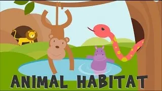 Colorful cartoon of a forest with a monkey hanging from a tree, a hippo in a pond, a snake in a branch, a lion nearby, and the text “Animal Habitat.”