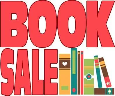 Red bold text reads "BOOK SALE" above colorful books on a shelf. The image conveys a sense of excitement and invitation to explore discounted books.