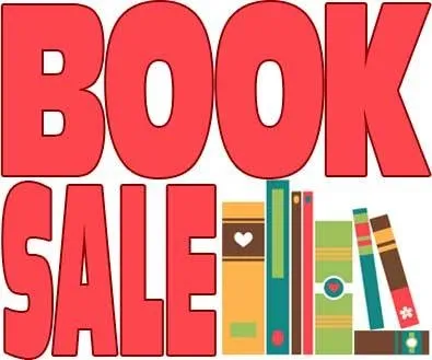 Red bold text reads "Book Sale" above colorful books lined up, some with heart and floral decorations, conveying a lively and inviting atmosphere.