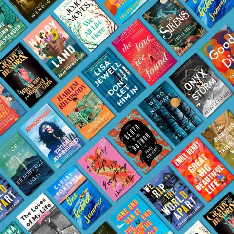A colorful collage of book covers arranged diagonally on a blue background, featuring diverse typography, vibrant designs, and a mix of genres.