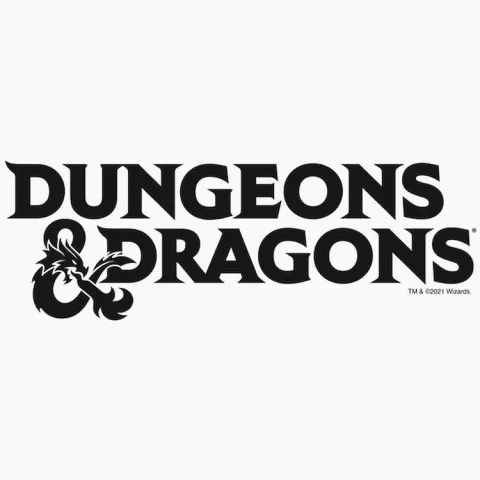 Black "Dungeons & Dragons" logo on white background with stylized ampersand resembling a dragon. Bold, fantasy-themed text conveys a sense of adventure.