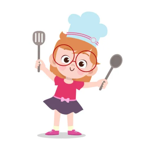 A smiling cartoon child wearing a blue chef hat, red glasses, and holding a spatula and spoon. Dressed in a pink shirt and dark skirt, conveying joy.
