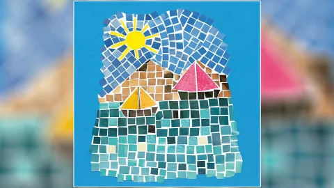 Colorful mosaic depicting a sunny day at sea. Features a yellow sun, blue sky, two sailboats with pink and orange sails, and green water.