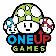 Logo of "One Up Games" featuring three cartoon mushrooms with large eyes and polka-dots in green, blue, and red. Bold text conveys a playful, fun vibe.