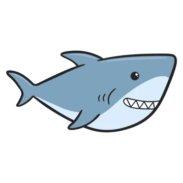 Cartoon shark with a playful grin, swimming to the left. Its blue body, simple features, and friendly expression create a lighthearted, fun tone.