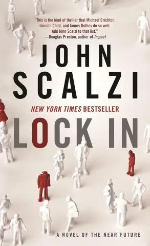 Book cover for "Lock In" by John Scalzi. Features white and red toy-like figures on a pale surface. The title dominates in bold, contrasting colors.