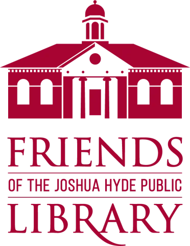 Icon of a classic maroon library building with a dome, accompanied by the text "Friends of the Joshua Hyde Public Library" below it.
