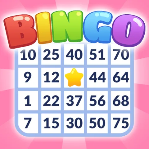 A bingo card on a pink background with a multi-color header that reads 'BINGO'.