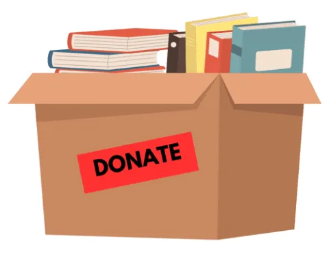 A brown cardboard box labeled "donate" is filled with stacked books. The scene conveys a sense of giving and community support.