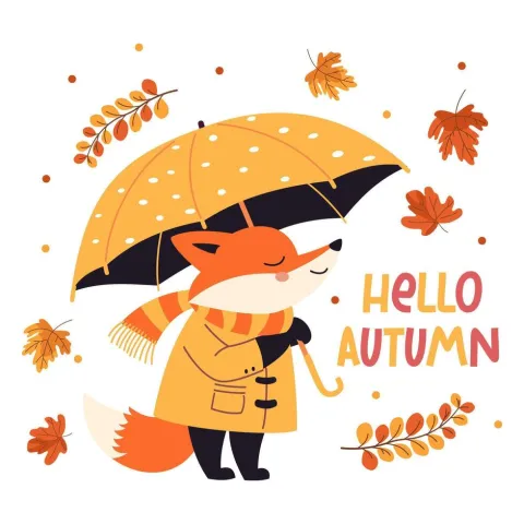 An orange fox in a yellow raincoat holds a matching umbrella and stands in falling autumn leaves.